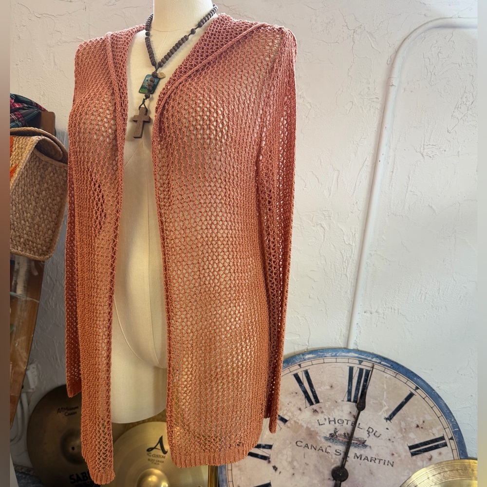 ELAN Crochet Bronze Copper Open Front‎ Hooded Duster Cardigan Jacket Cover-up L - Picture 2 of 10